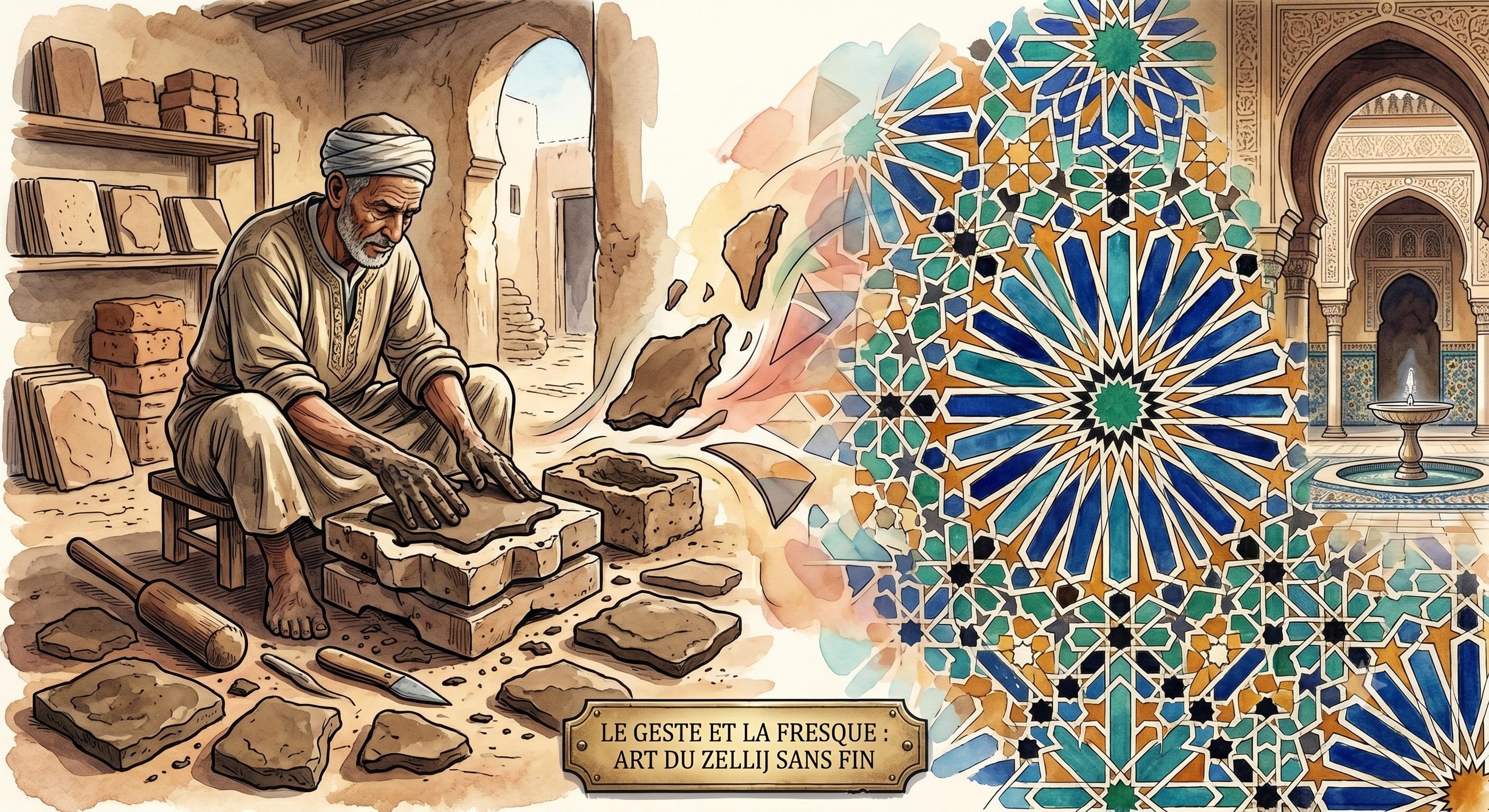 المعلّم أثناء العمل — من يد التبليط إلى التحفة المُكتمِلة · مدينة مغربية